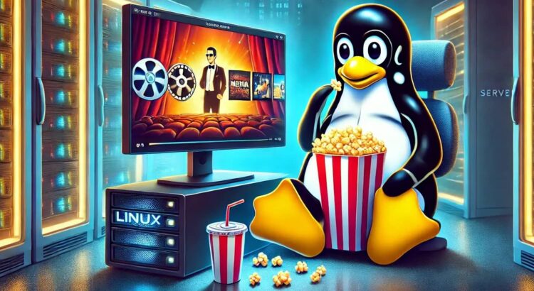 Tux the penguin watching movies on a Linux server