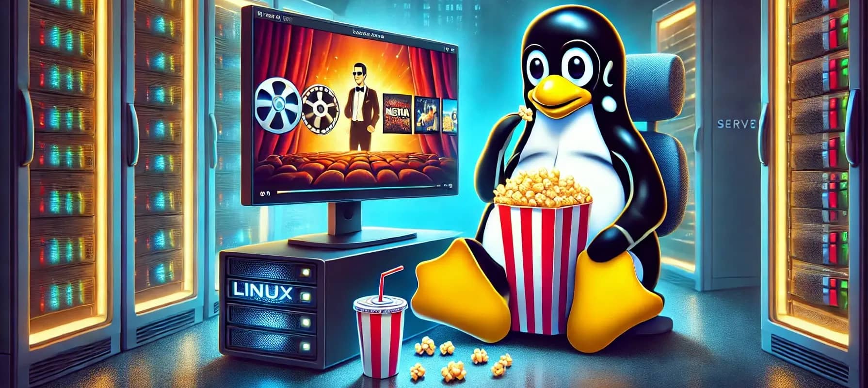 Tux the penguin watching movies on a Linux server